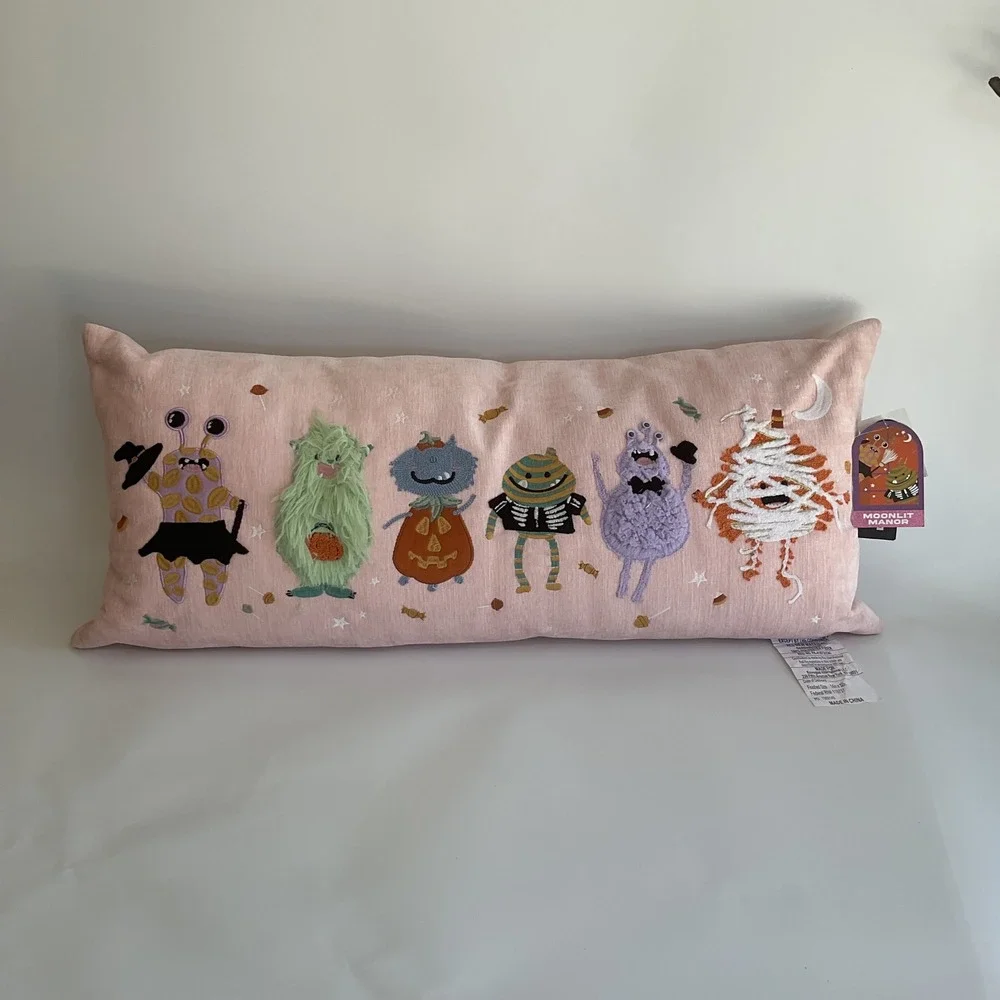 Moonlit Manor Pink Halloween Monster Lumbar Pillow 14x32 Embroidered Envogue NEW